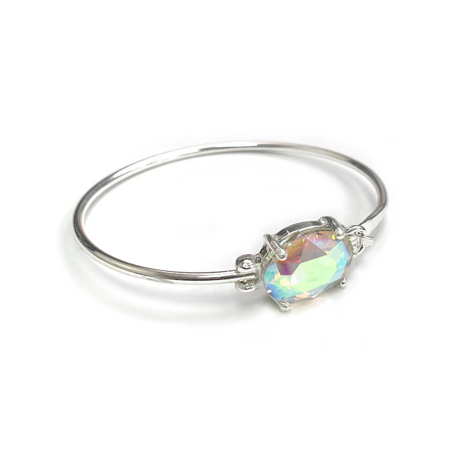 High Quality Glass Crystal Oval Stone Cuff Metal Bangle: SILVER-AB