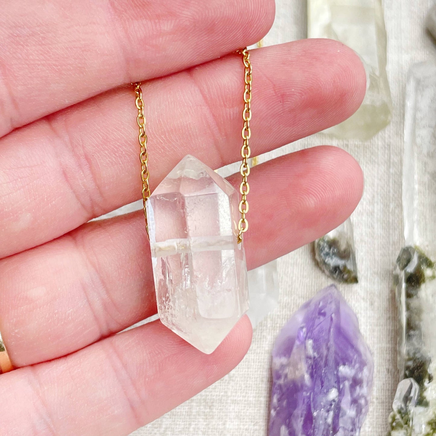 Clear Quartz Gemstone Double Terminated Point Necklace