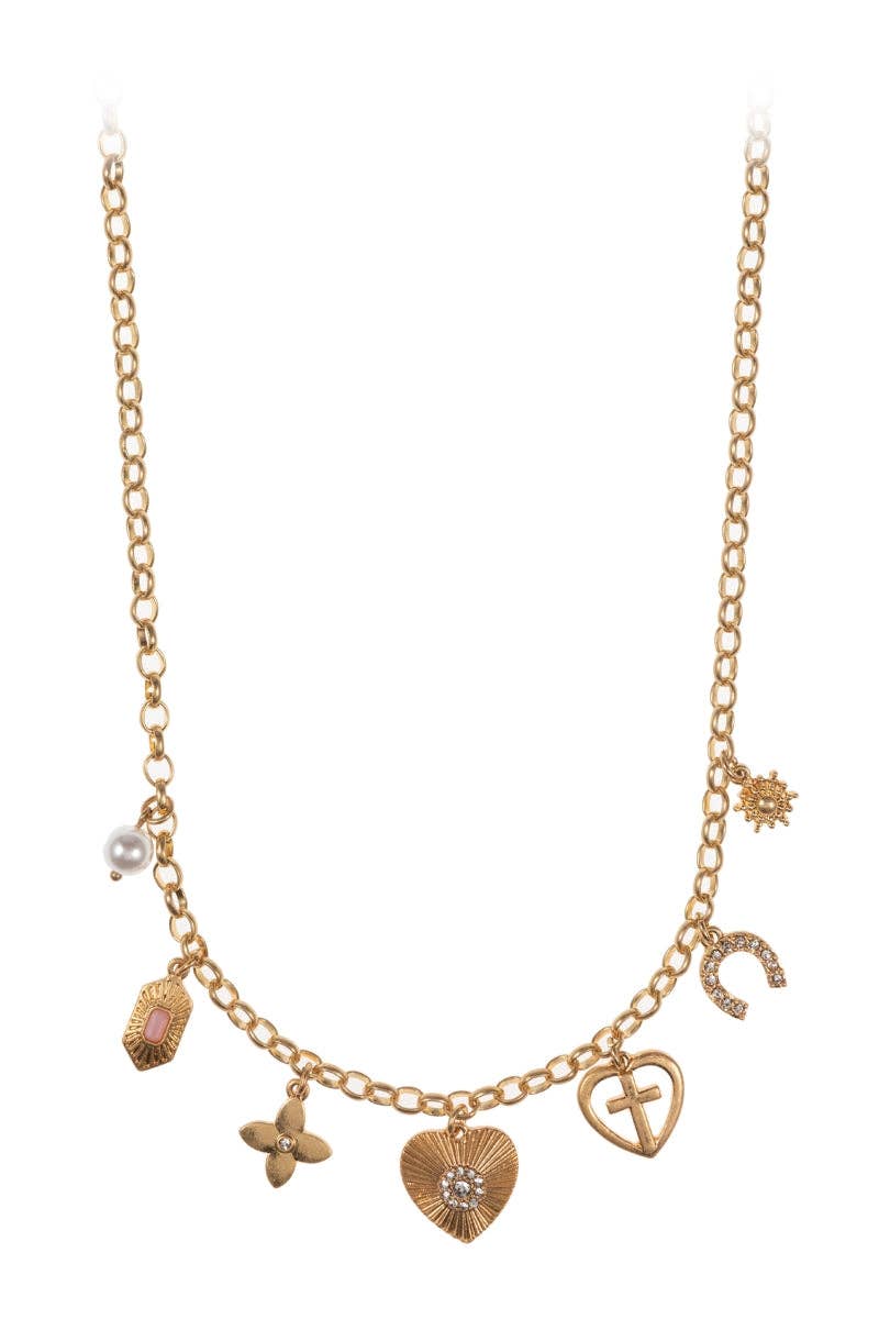Heart Horseshoe Metal Mixed Charm Short Necklace: Gold