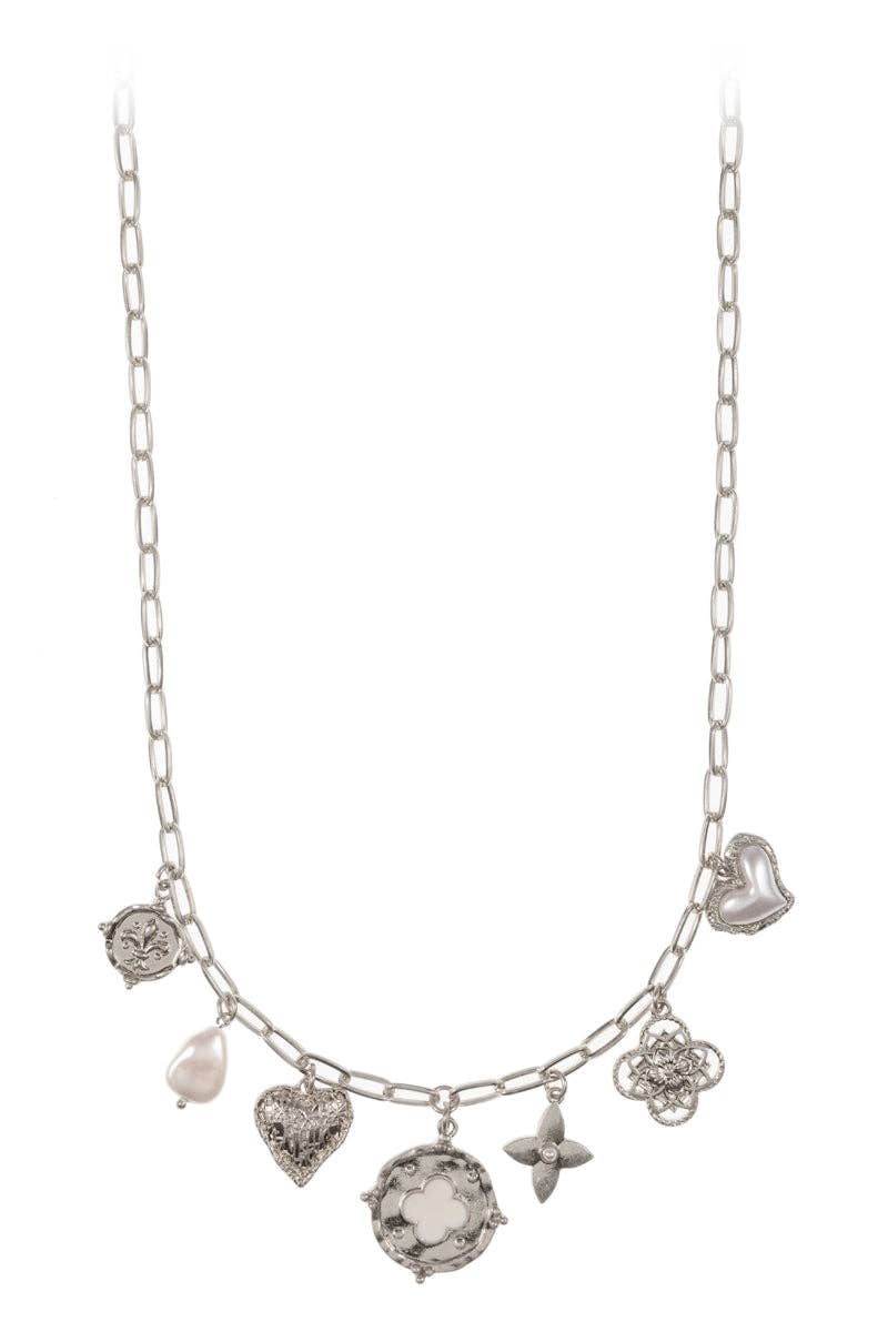 Multi Metal W Pearl Charm Cluster Short Necklace: VS / ONE