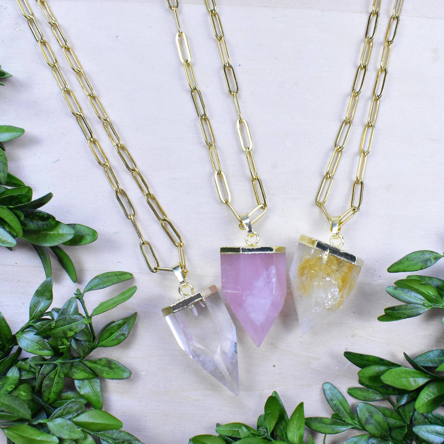 Gold Chunky Gemstone Drop Necklace: Rose Quartz