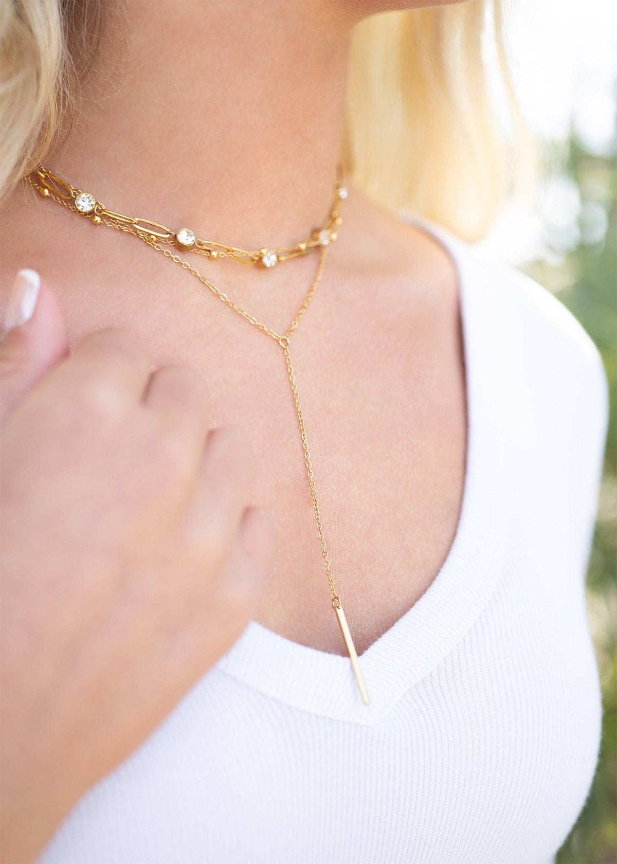 18K Gold PVD Steel Station Stone Paperclip Chain Necklace: Gold / 14+02" / 4mm