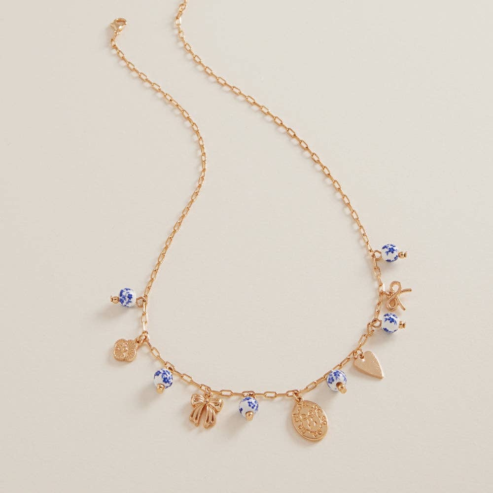 Mixed Metal Charm Ceramic Bead Necklace: