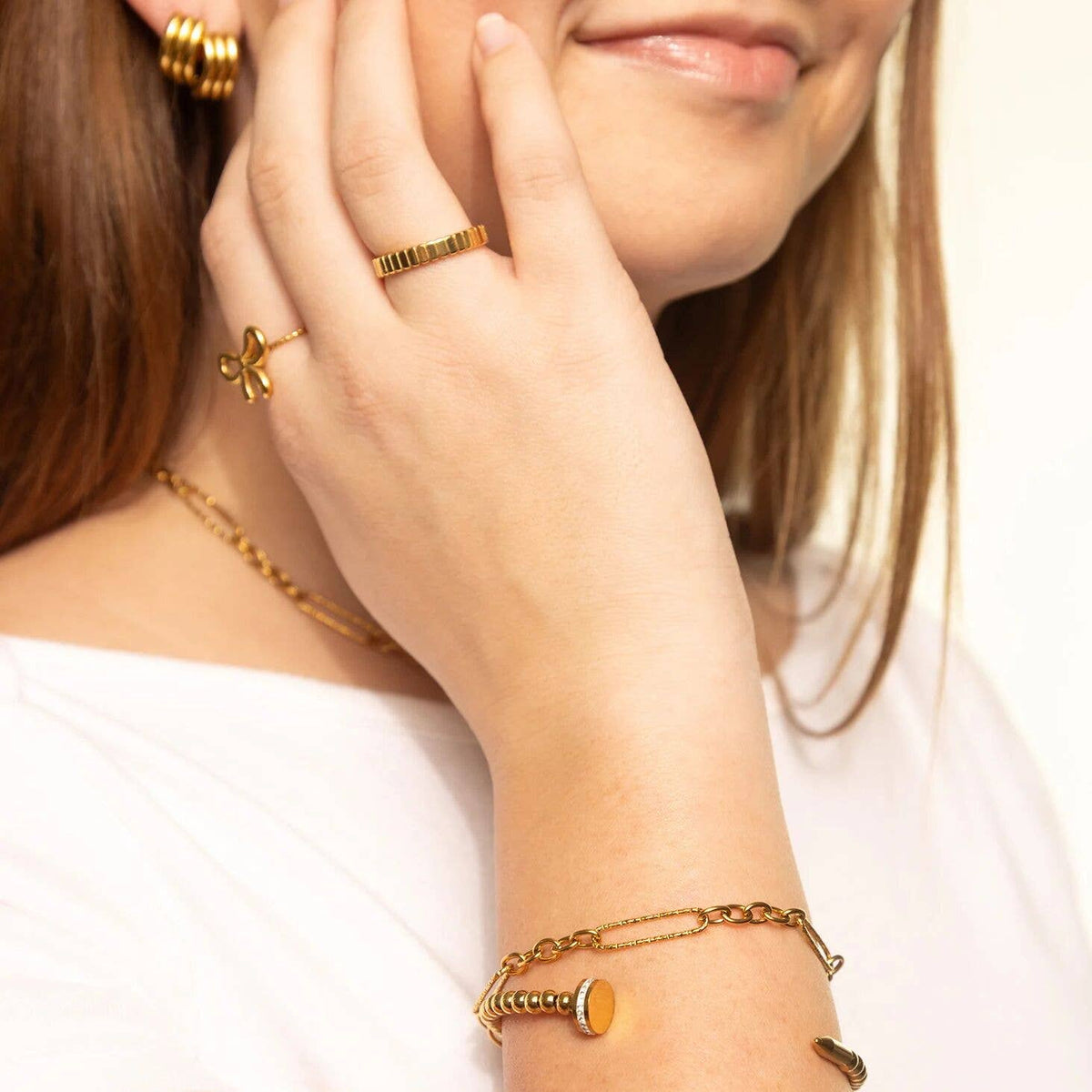 Gold Stainless Steel Long Paperclip Textured Chain Bracelet: Gold
