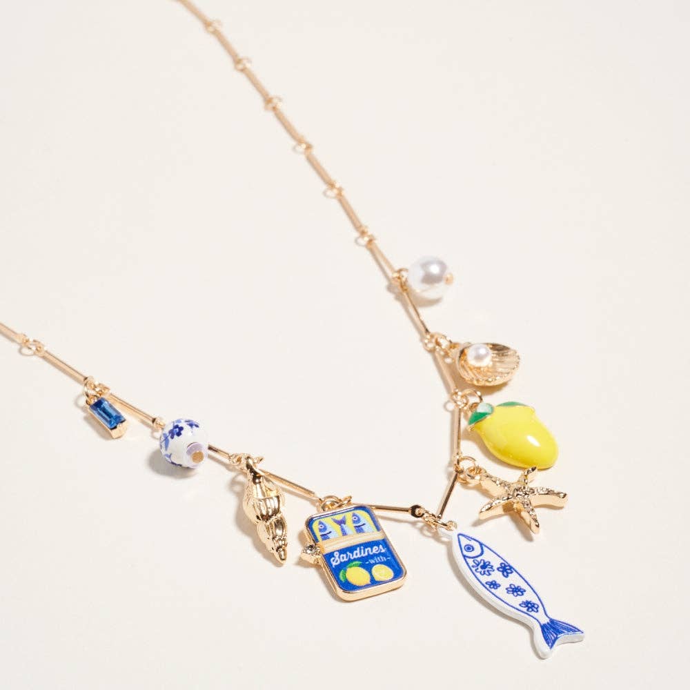 18 In Sealife Coastal Mediterranean Charm Necklace: Gold/Blue