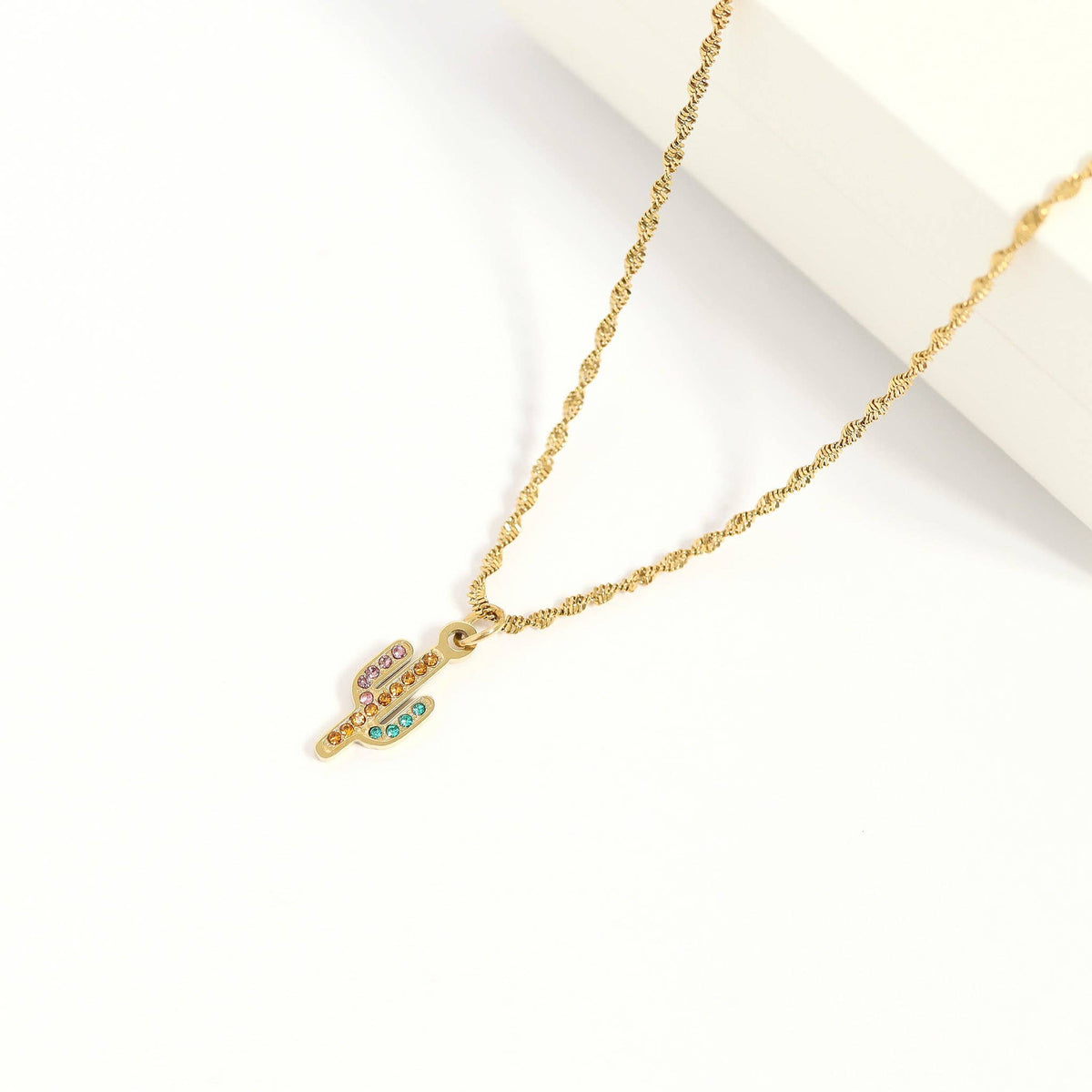 18K Gold PVD Stainless Steel Cactus with CZ Stone Charm: Gold