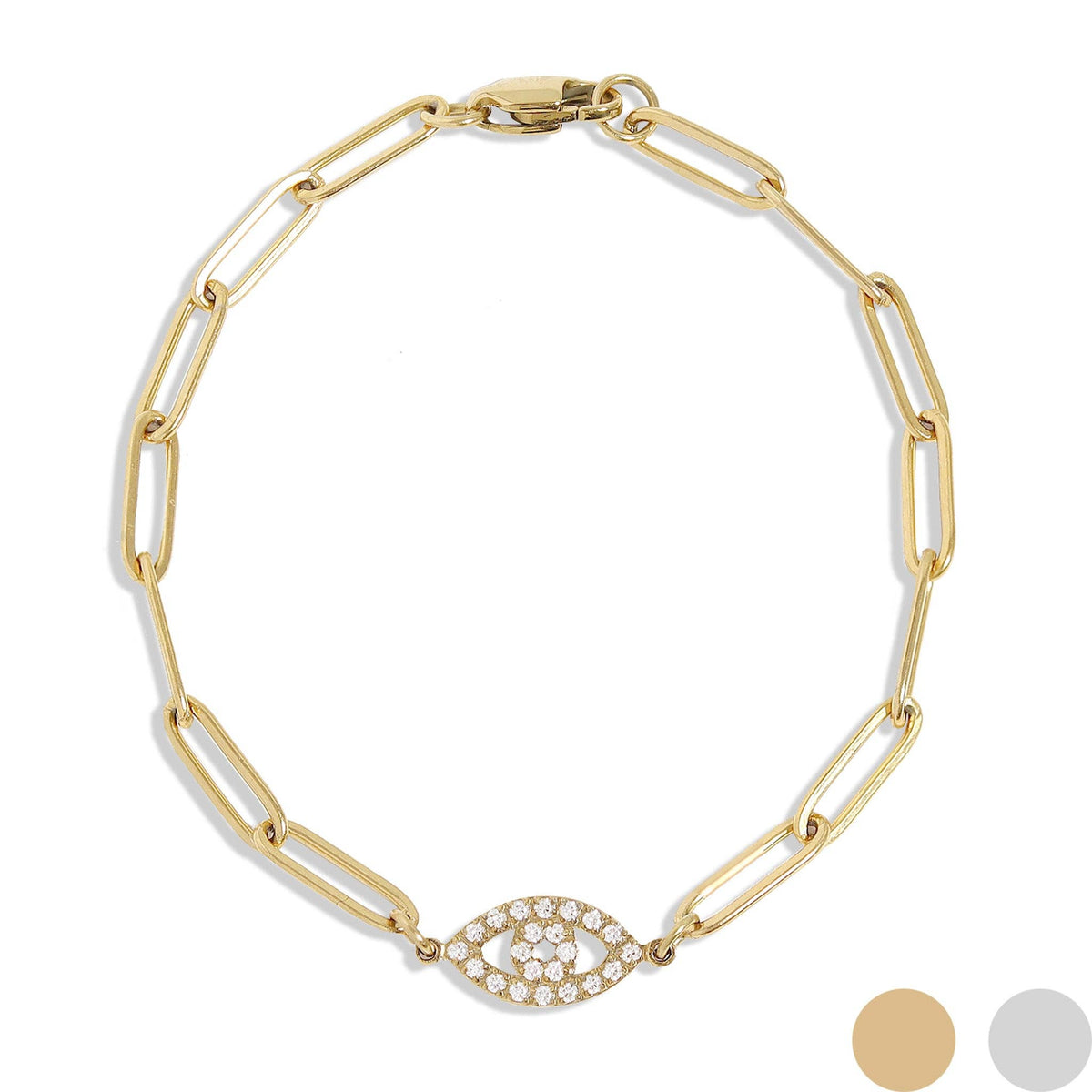18K Gold PVD Stainless Steel Stone "Evil Eye" Paperclip Chain Bracelet: Gold