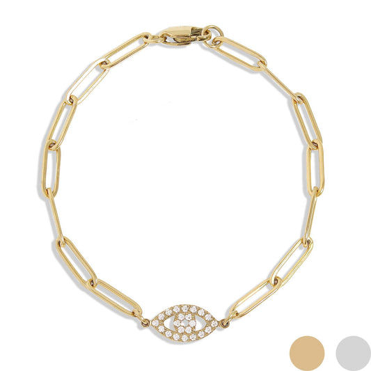 18K Gold PVD Stainless Steel Stone "Evil Eye" Paperclip Chain Bracelet: Gold