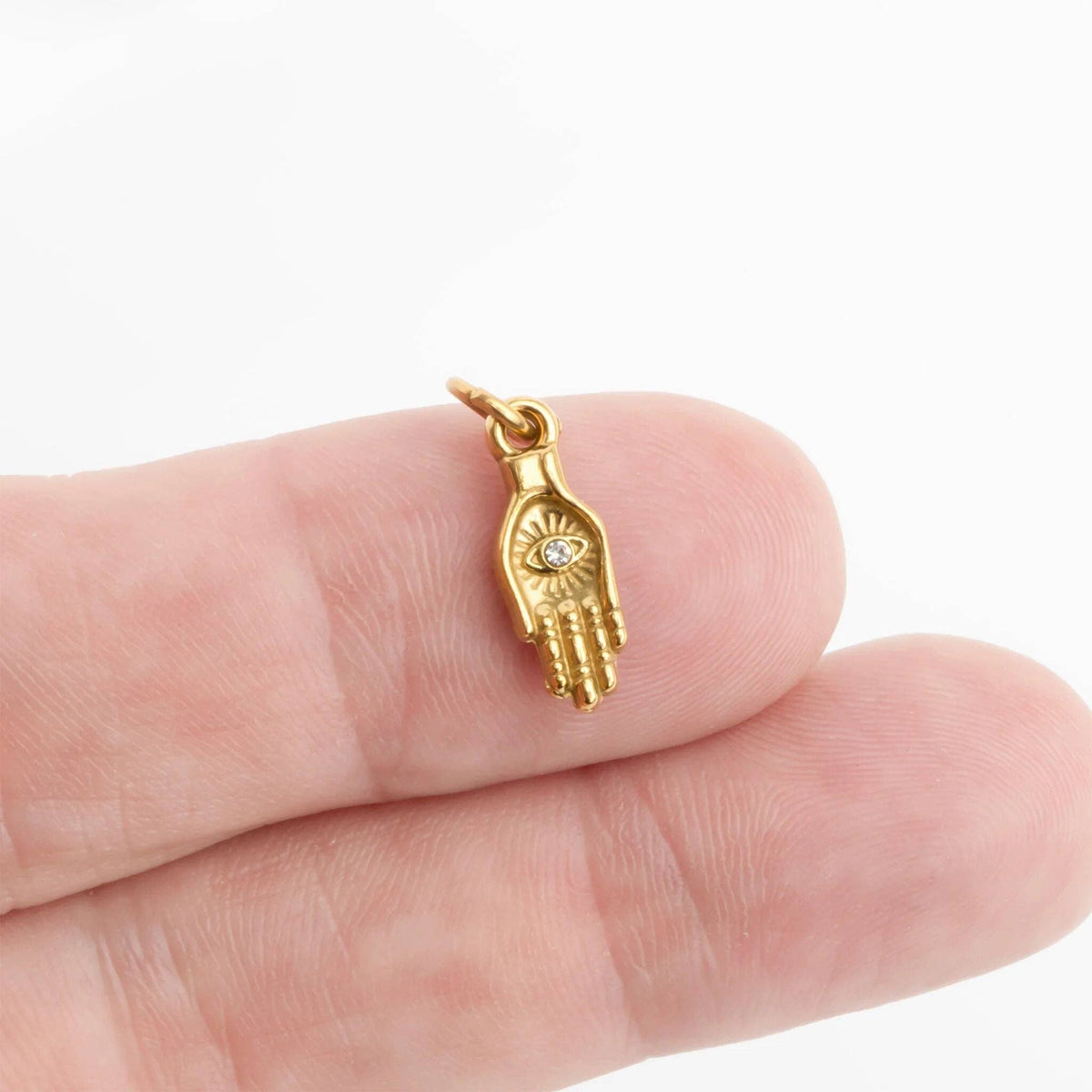 18K Gold PVD Stainless Steel Hamsa Hand with Stone Charm: Stainless