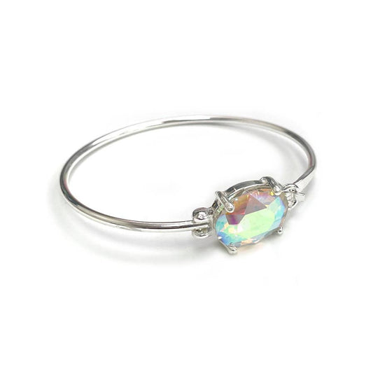 High Quality Glass Crystal Oval Stone Cuff Metal Bangle: SILVER-AB