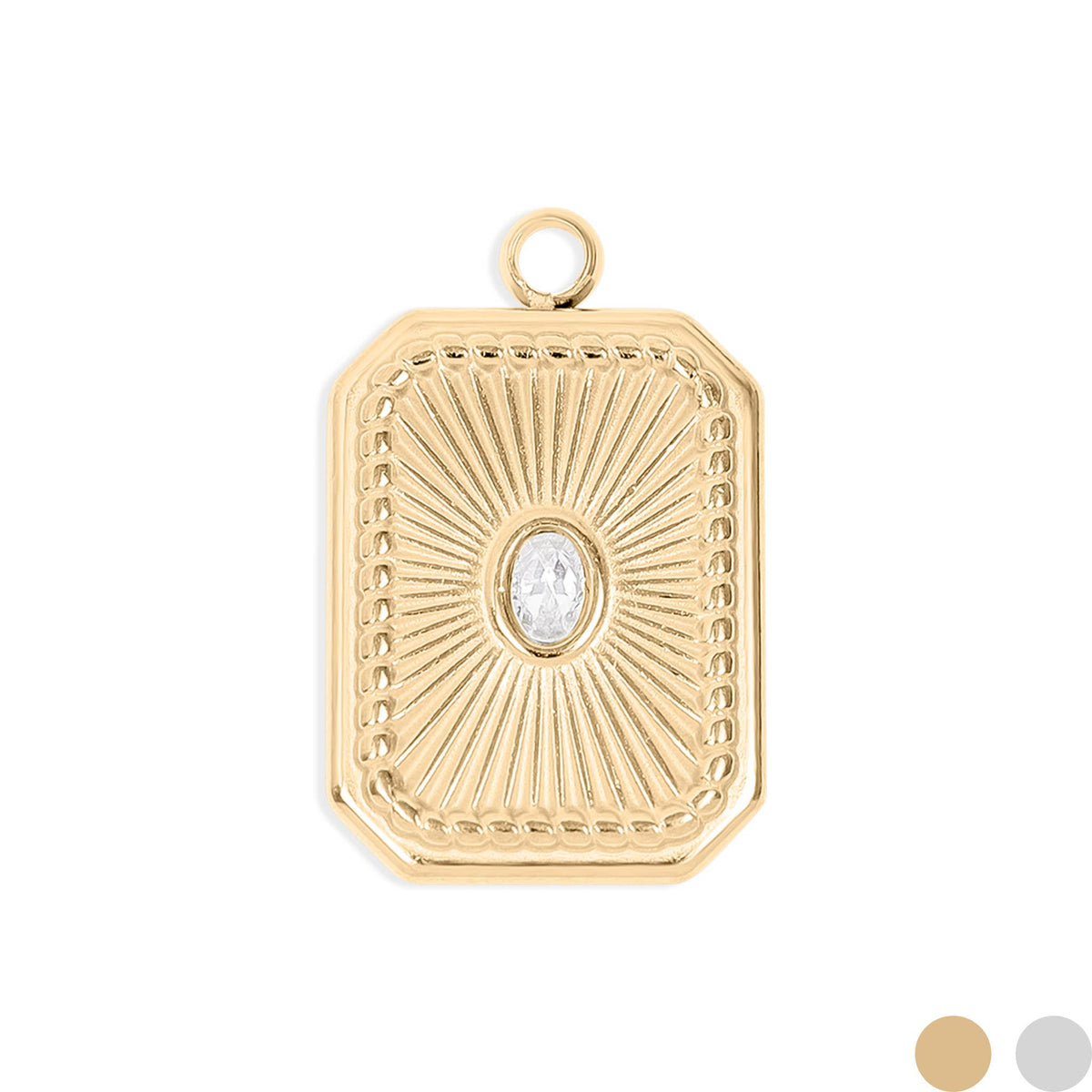 18K Gold PVD Rectangle Sunburst Crystal Charm: Stainless