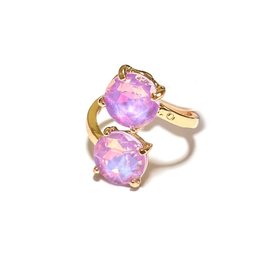 Double Round Crystal Stone Opposite Ends Adjustable Ring: PASTEL LAVENDER