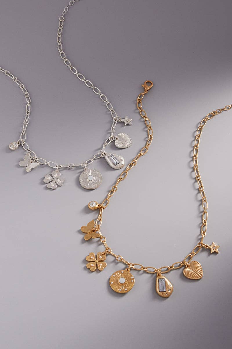 Vintage Disk Metal Mixed Charm Short Necklace: silver
