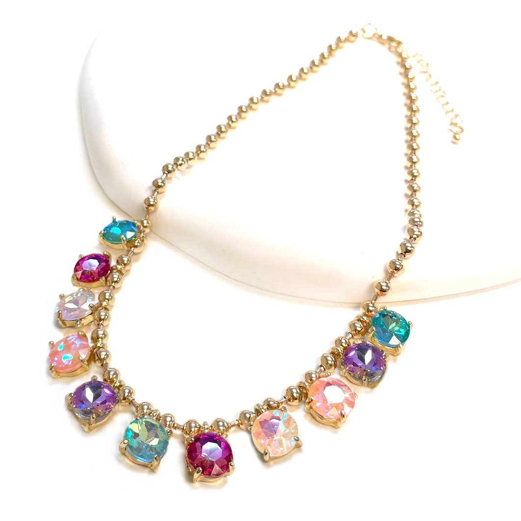 Crystal Glass Bead Dangle Station Ball Beaded Chain Necklace: Neon Multi AB