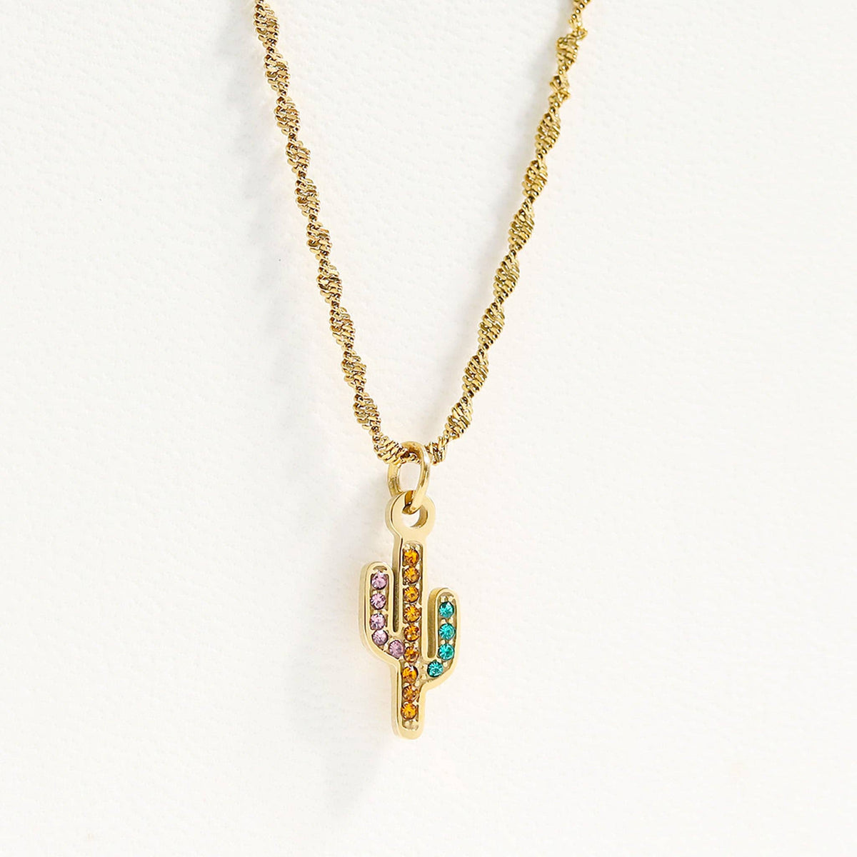 18K Gold PVD Stainless Steel Cactus with CZ Stone Charm: Gold