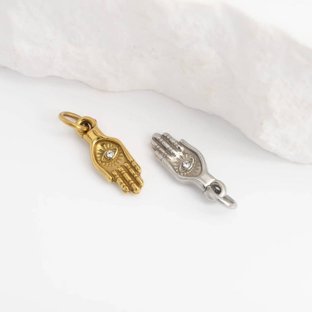 18K Gold PVD Stainless Steel Hamsa Hand with Stone Charm: Stainless