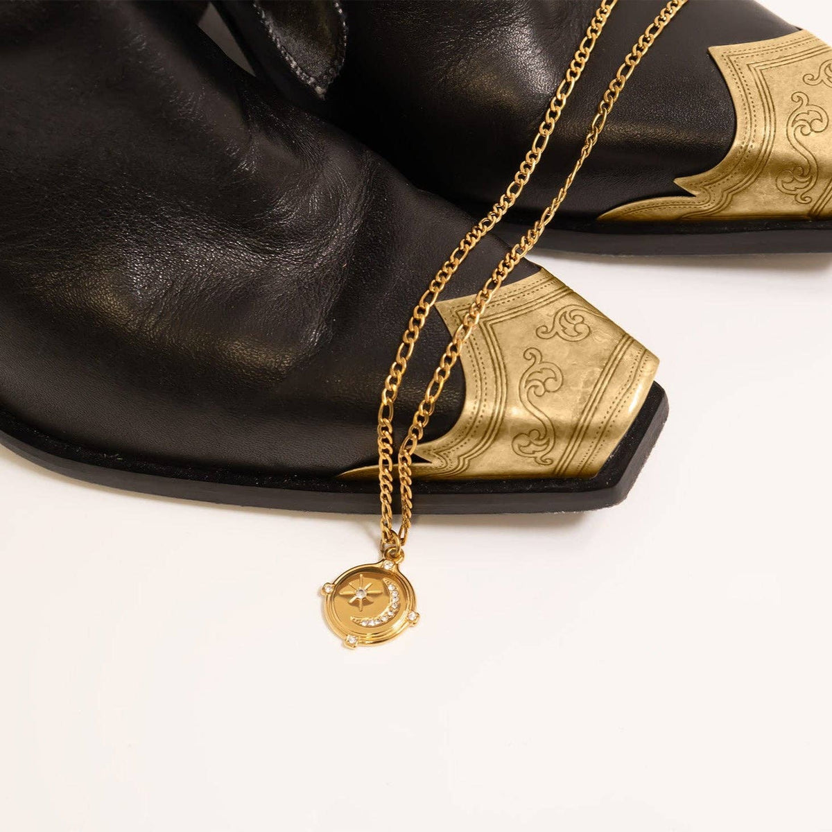 18K Gold PVD Stainless Steel Stone Moon And Star Pendant: Stainless