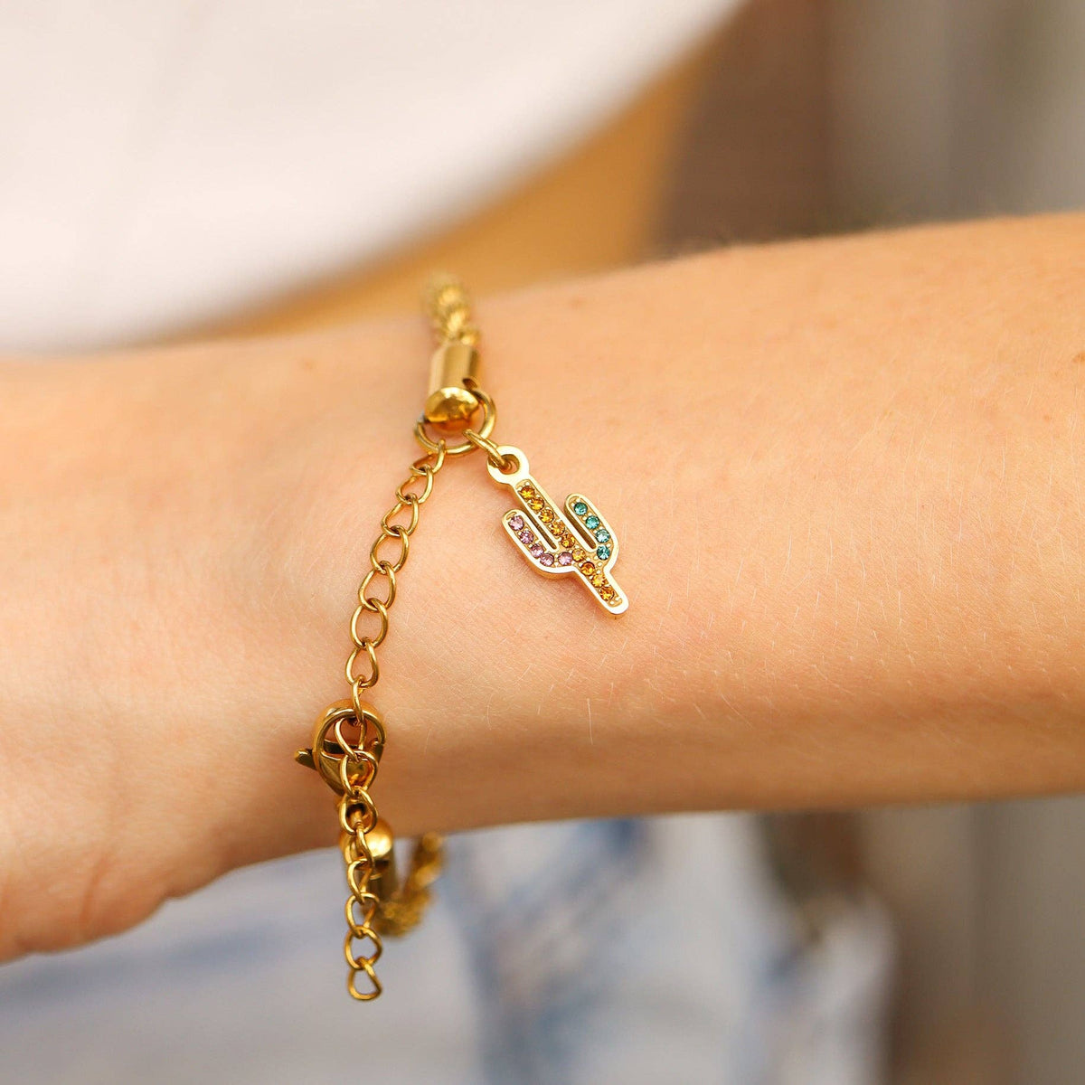 18K Gold PVD Stainless Steel Cactus with CZ Stone Charm: Stainless