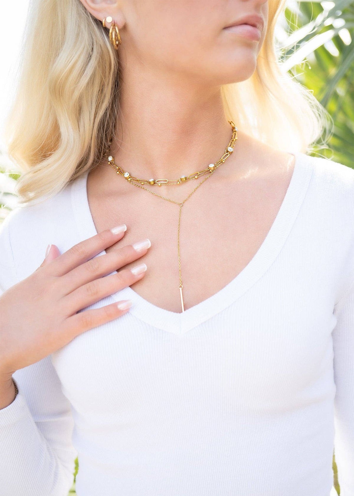 18K Gold PVD Steel Station Stone Paperclip Chain Necklace: Gold / 14+02" / 4mm