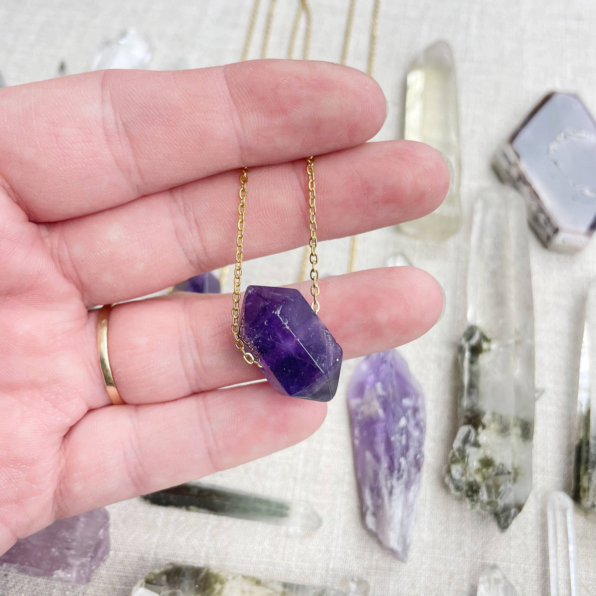 Amethyst Gemstone Double Terminated Point Necklace