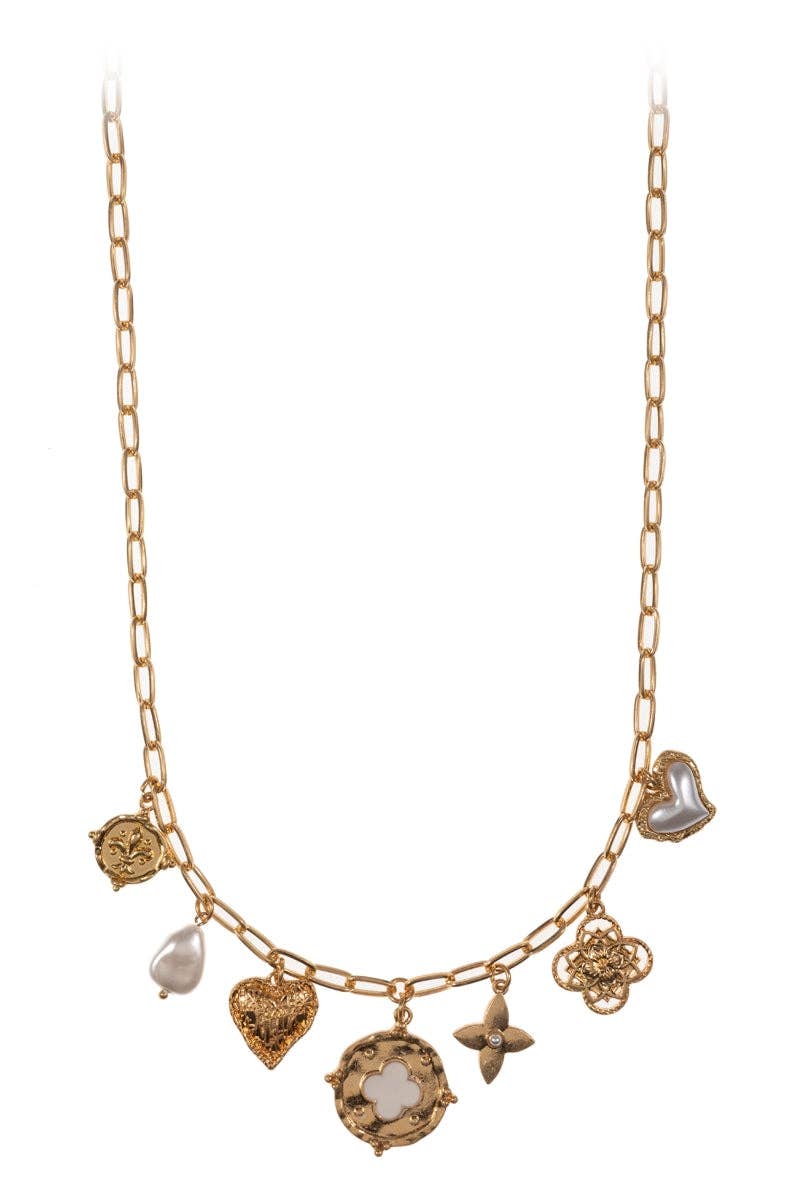 Multi Metal W Pearl Charm Cluster Short Necklace: VS / ONE