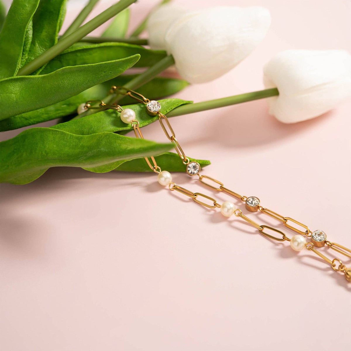 18K Gold PVD Station Stone Stone Paperclip Chain Bracelet: Stainless