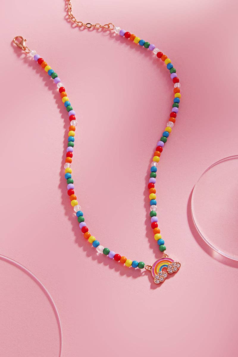 Rainbow Enamel Pendant W Bead Kids Short Necklace: GD / ONE