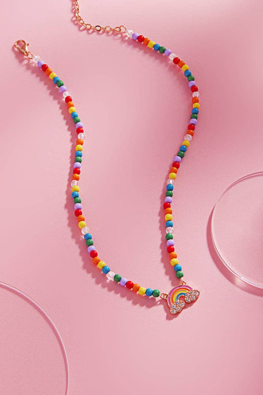 Rainbow Enamel Pendant W Bead Kids Short Necklace: GD / ONE