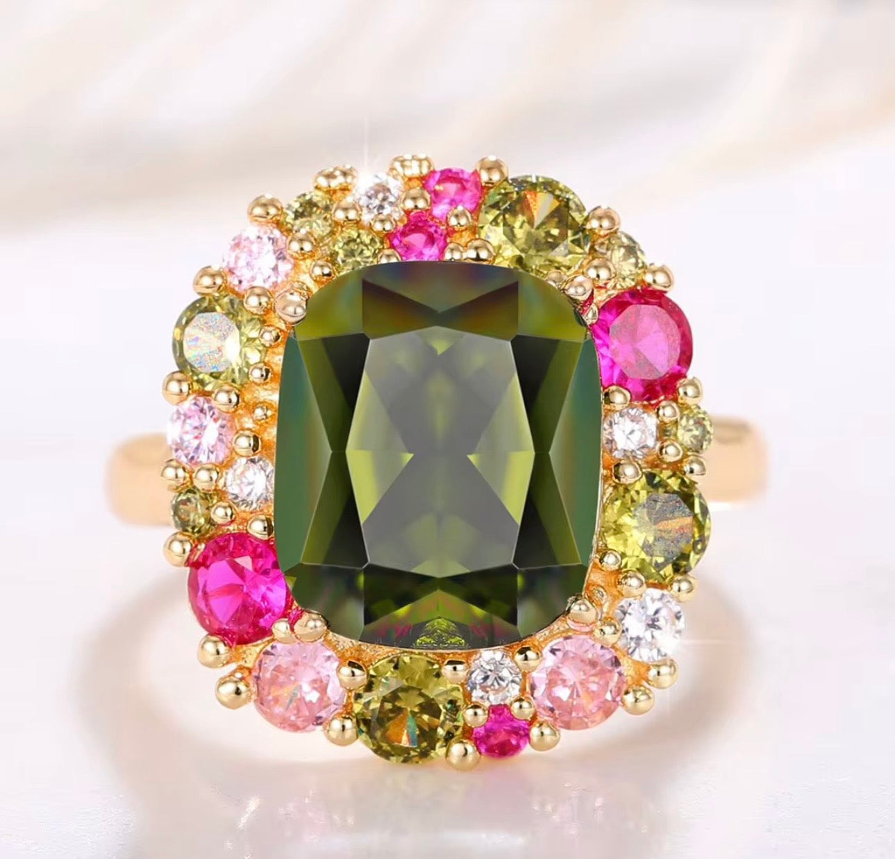 Watermelon Zircon and Cubic Zirconia Green Estate Inspired Ring