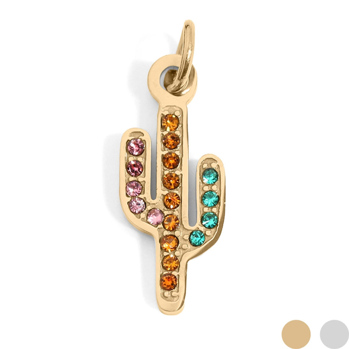 18K Gold PVD Stainless Steel Cactus with CZ Stone Charm: Stainless
