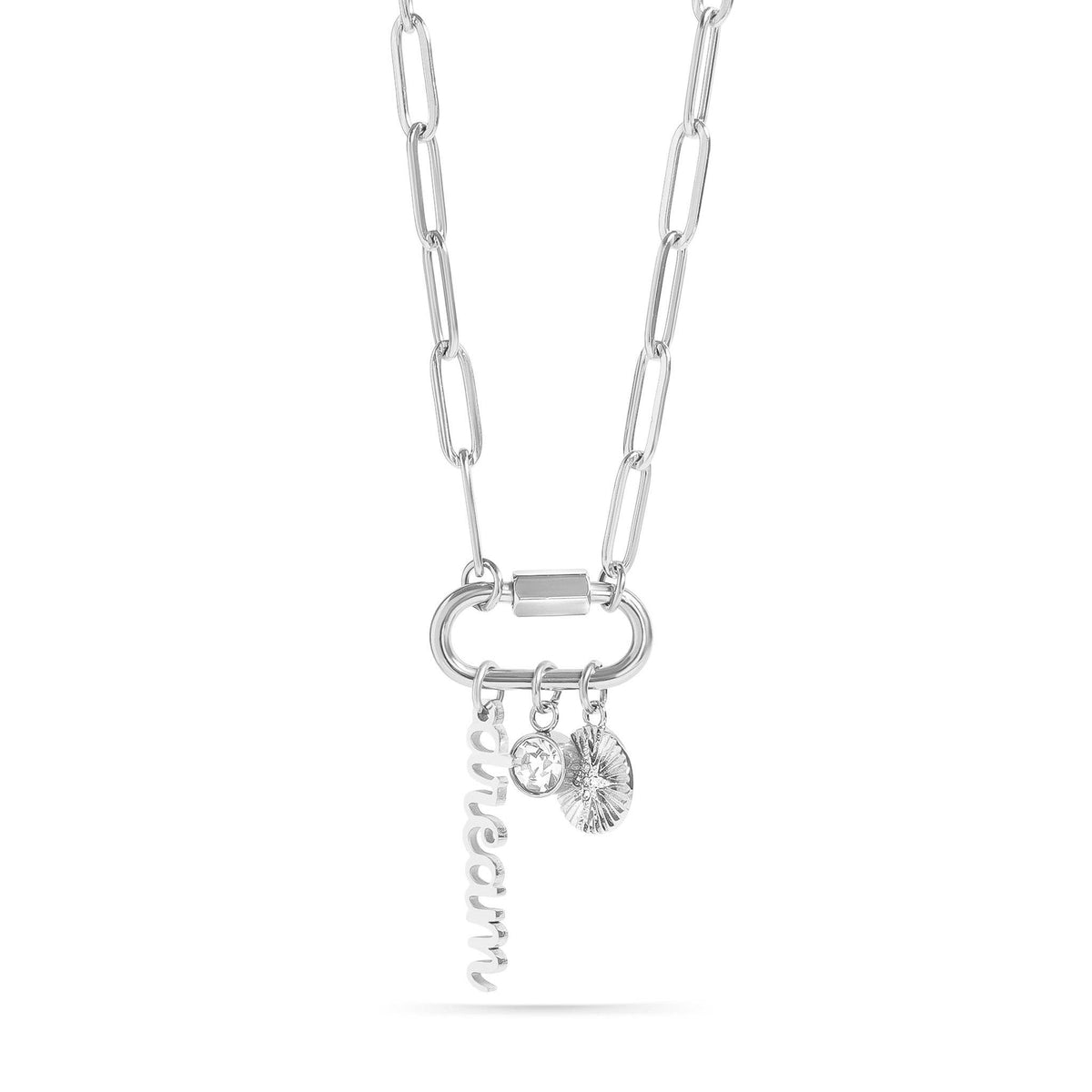 18K PVD Gold Carabiner "Dream" Paperclip Charm Necklace: Stainless