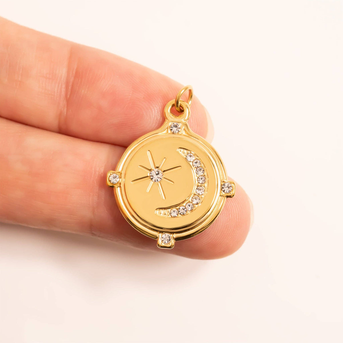 18K Gold PVD Stainless Steel Stone Moon And Star Pendant: Stainless