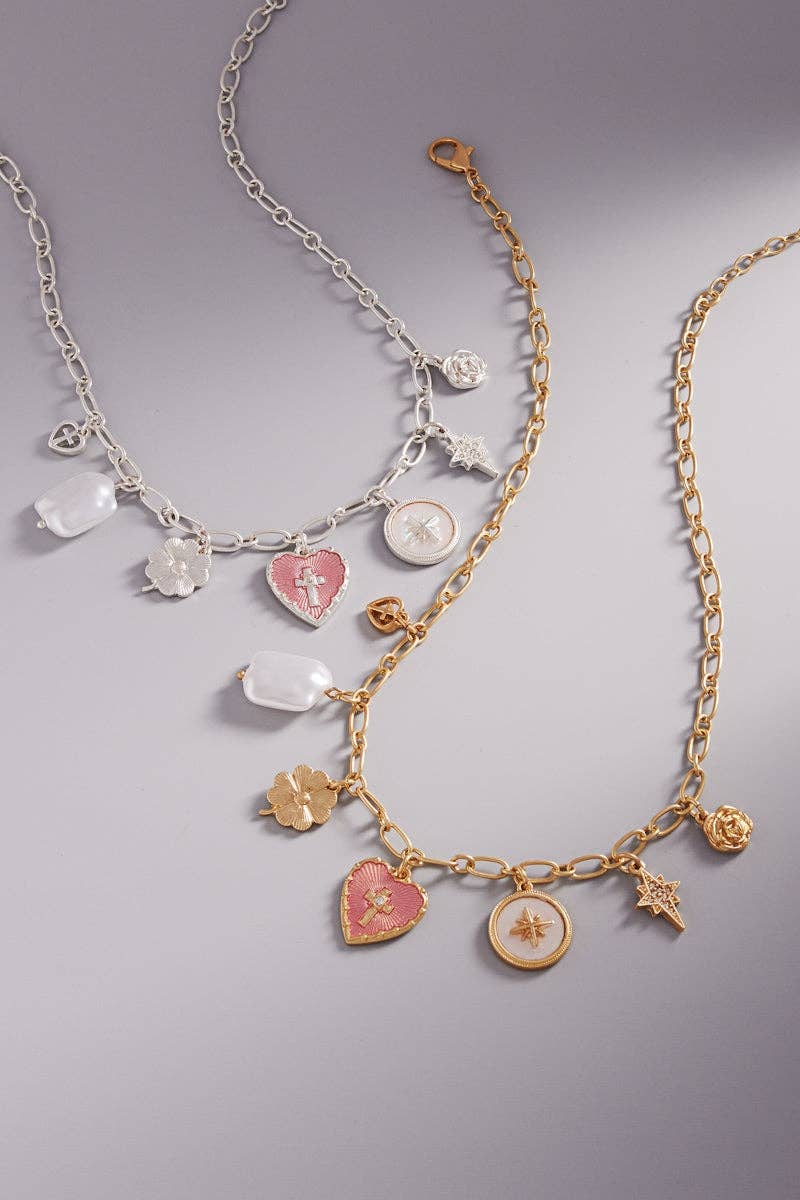 Heart Pearl Star Metal Mixed Charm Short Necklace: Gold