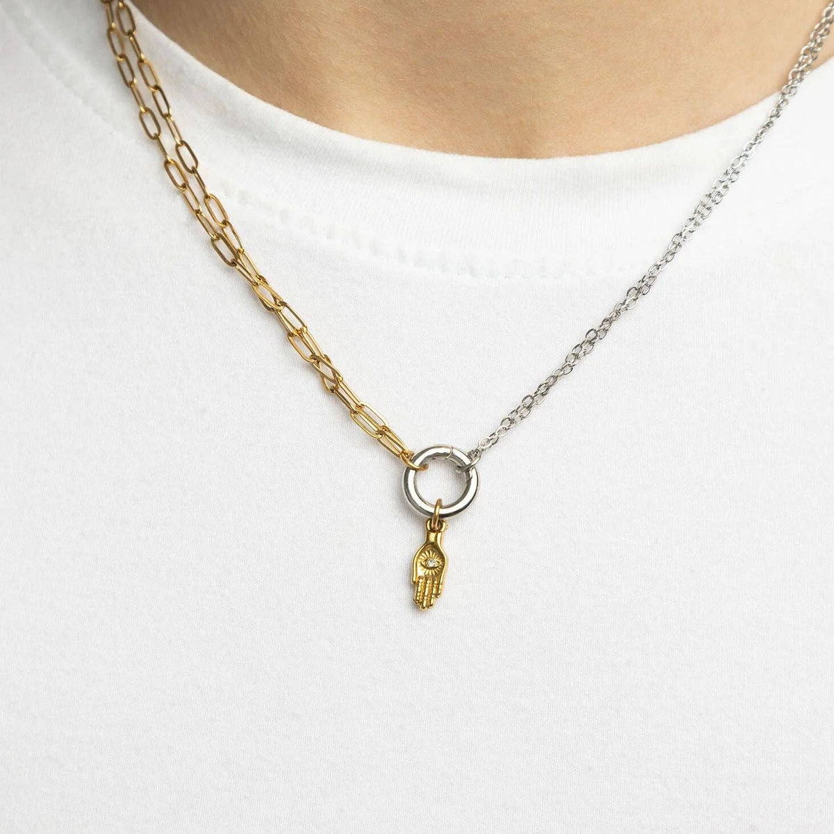 18K Gold PVD Stainless Steel Hamsa Hand with Stone Charm: Gold