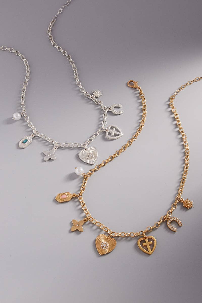 Heart Horseshoe Metal Mixed Charm Short Necklace: Silver