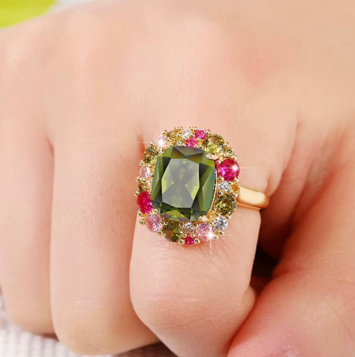 Watermelon Zircon and Cubic Zirconia Green Estate Inspired Ring