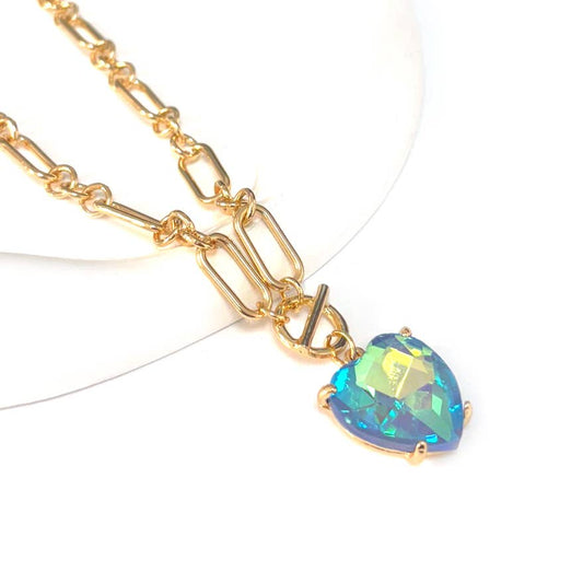 Love Heart Crystal Glass Charm Chain Link Toggle Necklace: Blue AB