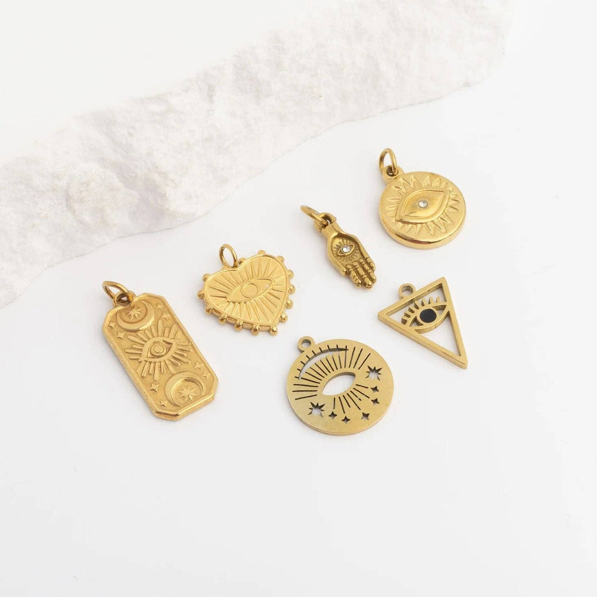 18K Gold PVD Stainless Steel Hamsa Hand with Stone Charm: Stainless