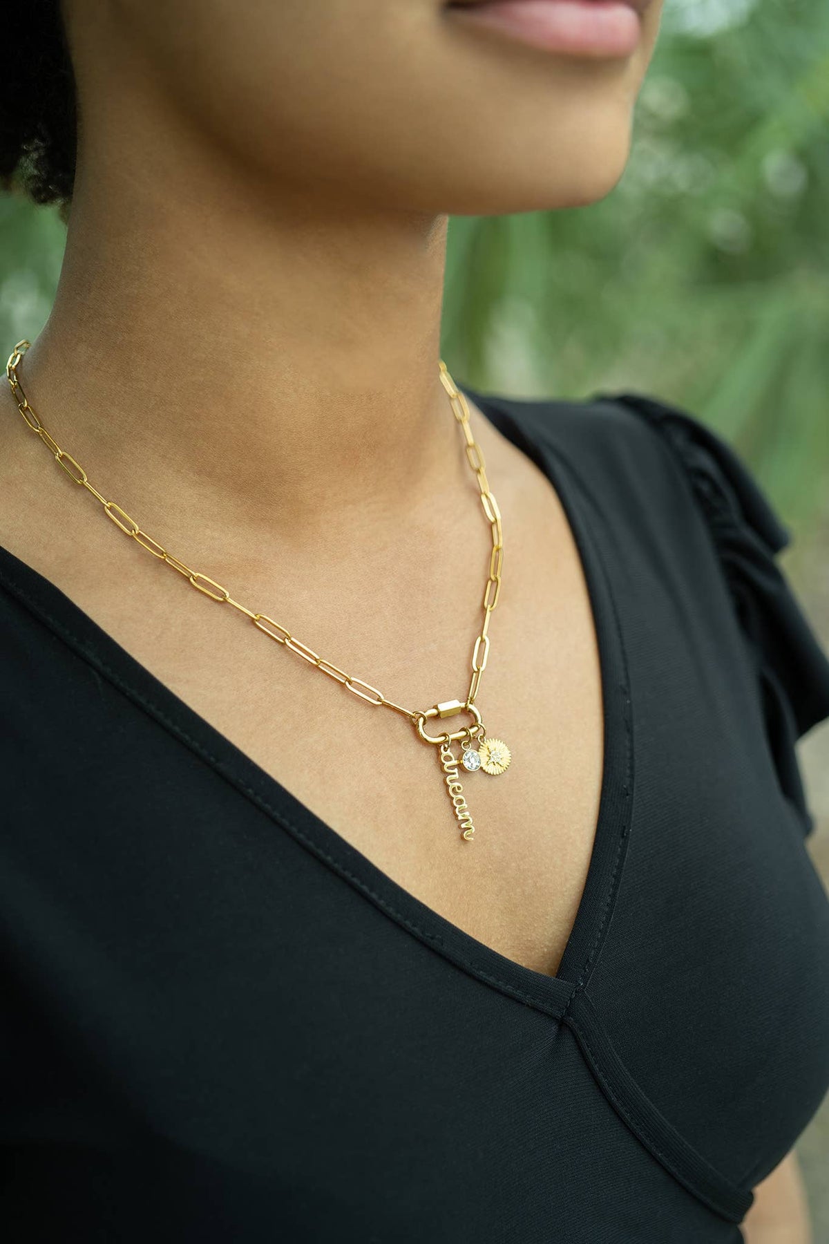 18K PVD Gold Carabiner "Dream" Paperclip Charm Necklace: Stainless