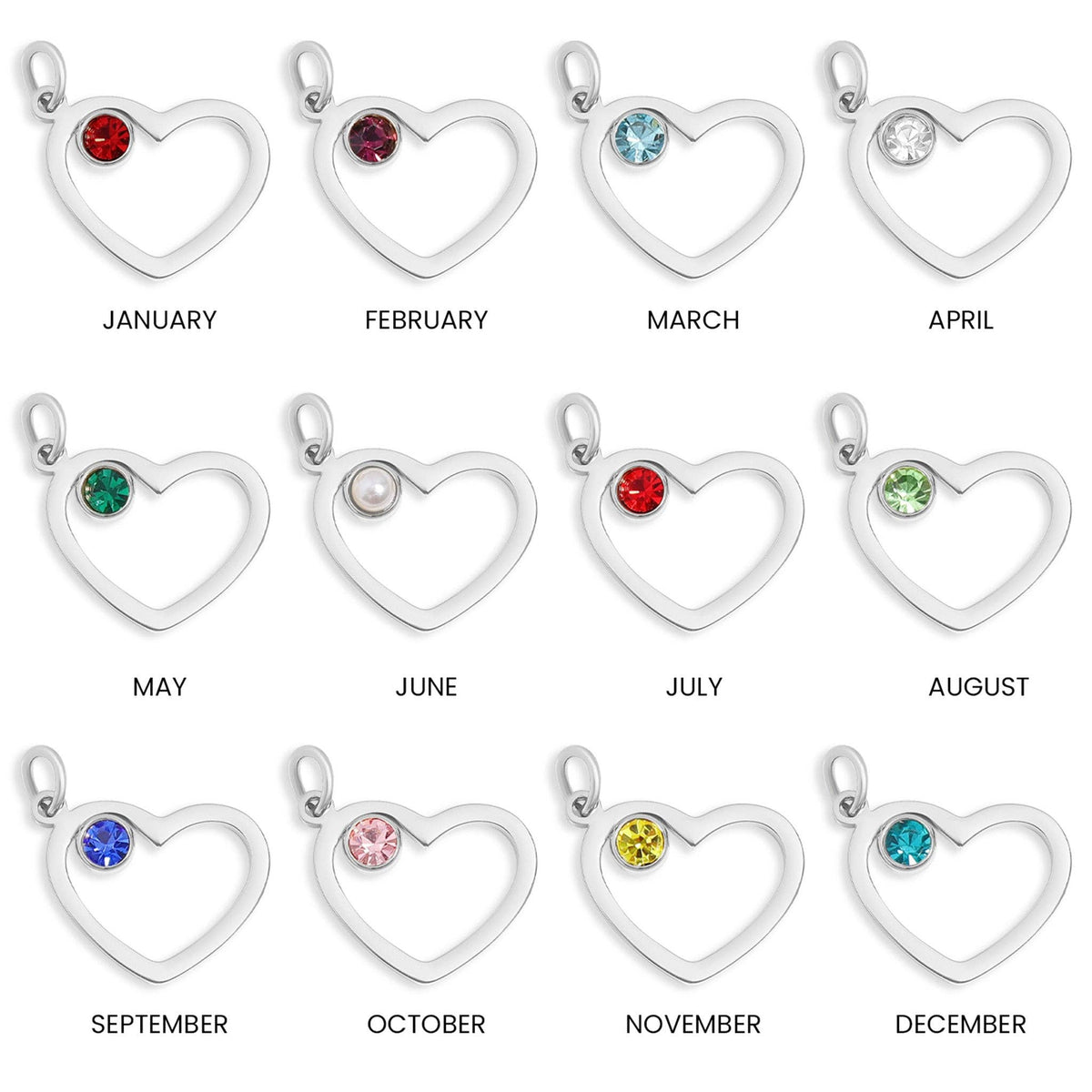18K Gold PVD Stainless Steel Birthstone Heart Charm: Stainless / April / Diamond