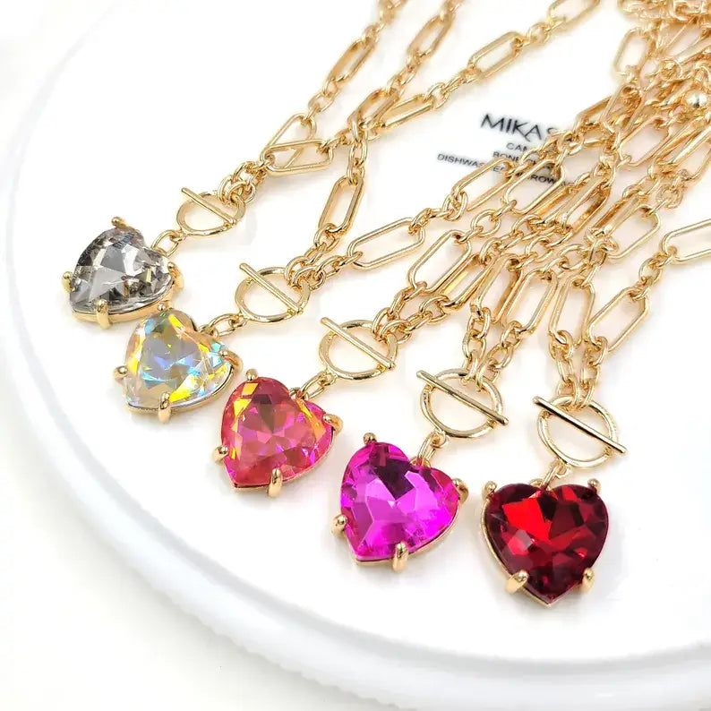 Love Heart Crystal Glass Charm Chain Link Toggle Necklace: Blue AB