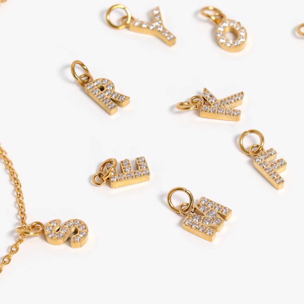 Gold Pavé Set CZ Initial Letter Charms: A
