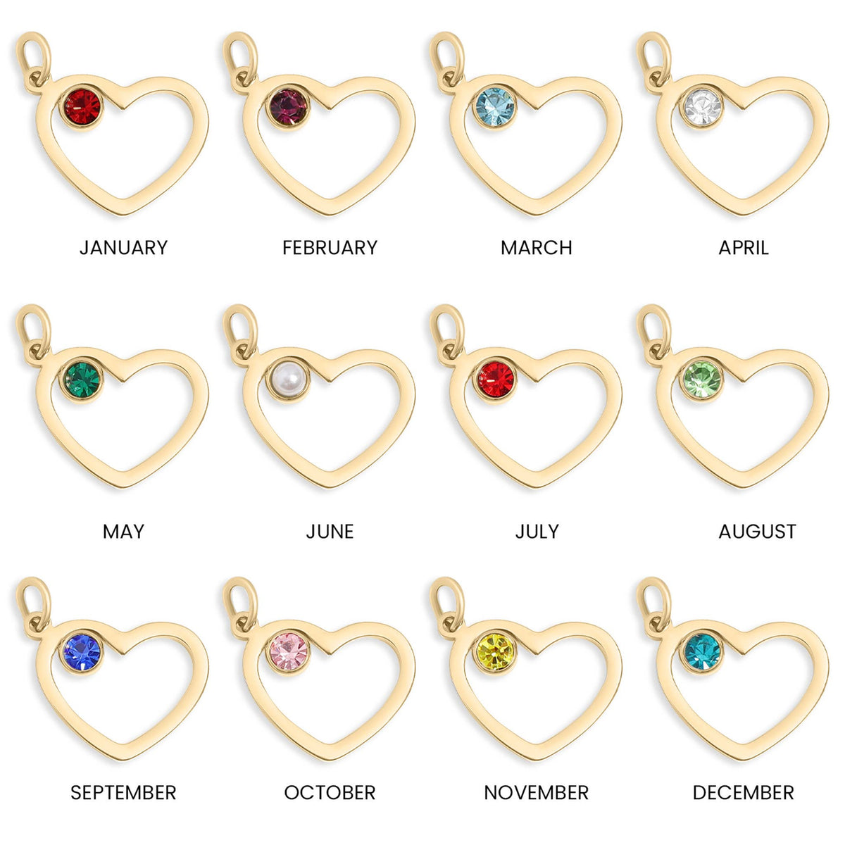 18K Gold PVD Stainless Steel Birthstone Heart Charm: Stainless / January / Garnet