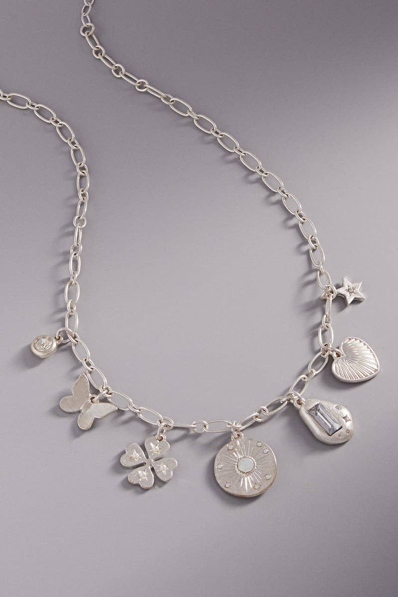 Vintage Disk Metal Mixed Charm Short Necklace: silver