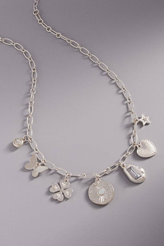 Vintage Disk Metal Mixed Charm Short Necklace: silver