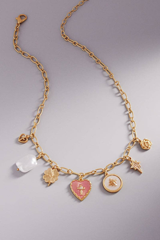 Heart Pearl Star Metal Mixed Charm Short Necklace: Gold