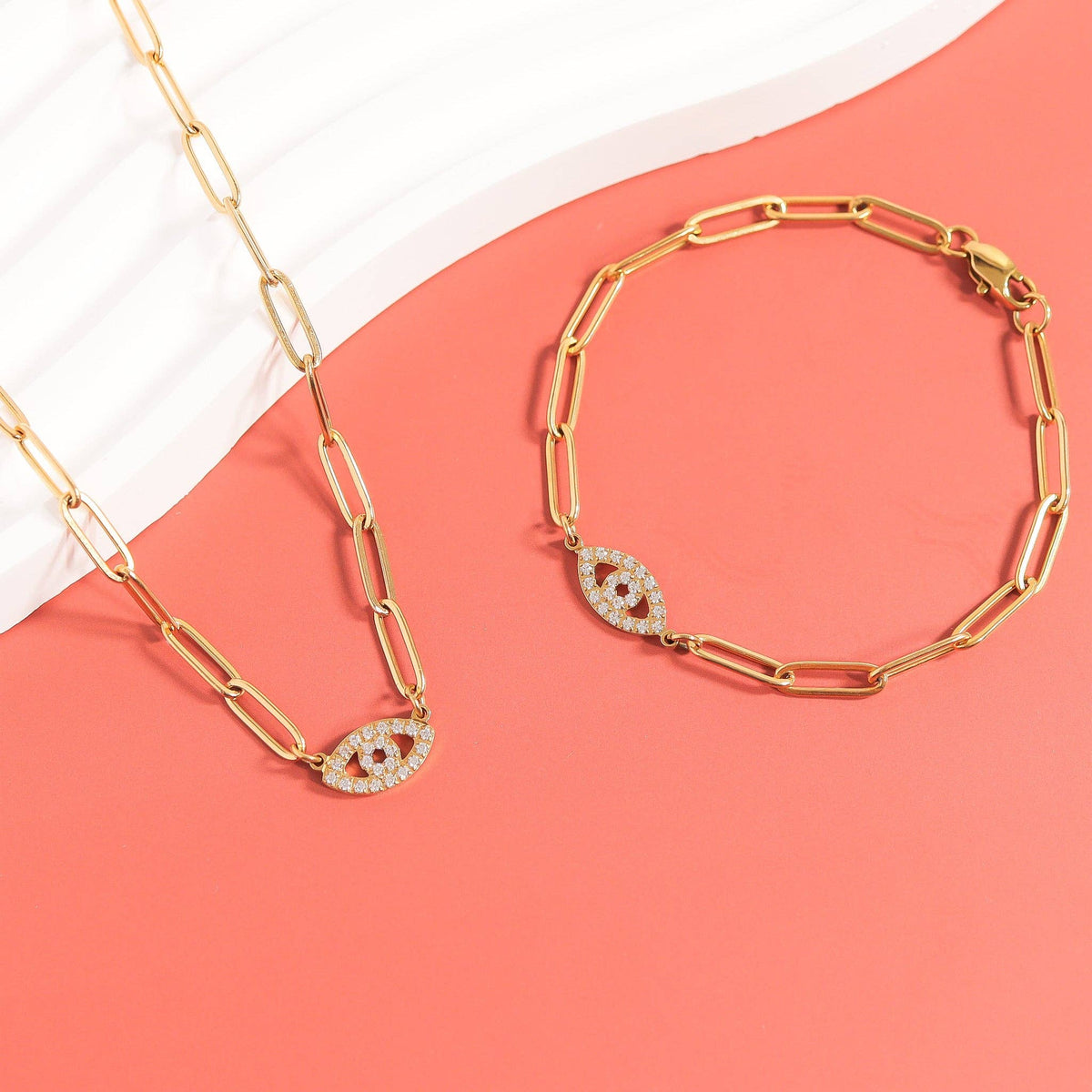 18K Gold PVD Stainless Steel Stone "Evil Eye" Paperclip Chain Bracelet: Stainless