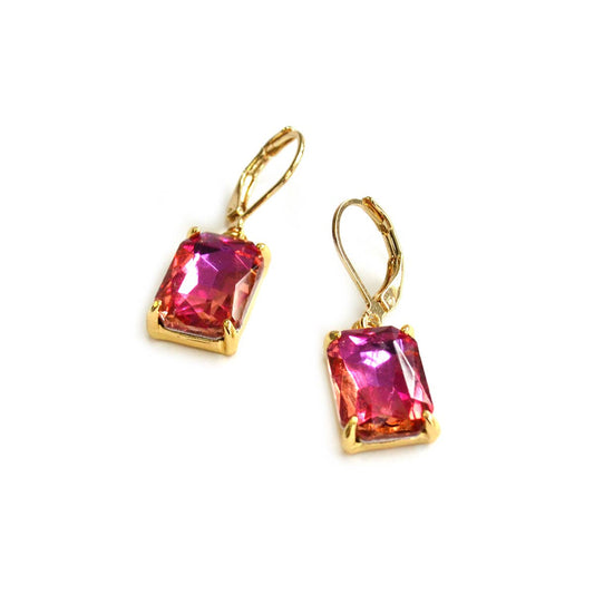 Rectangle Glass Beads Dangle Lever Back Drop Earrings : Rose-AB