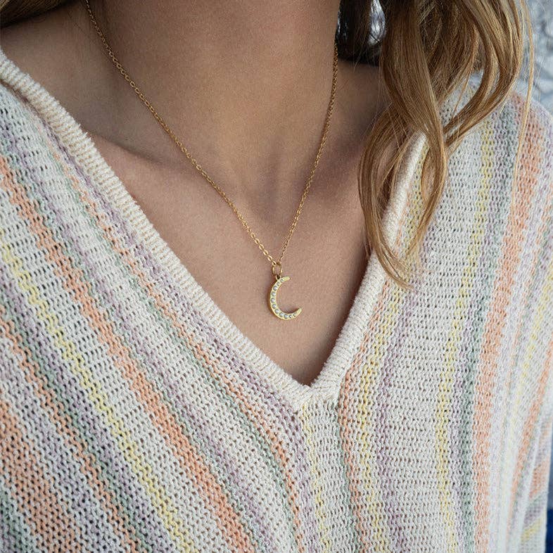 18K Gold PVD Stainless Steel Pearl Beaded Moon Charm: Stainless / 15mm