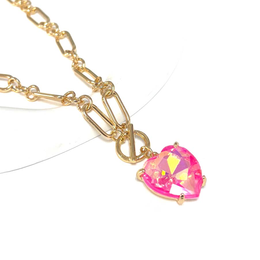Love Heart Crystal Glass Charm Chain Link Toggle Necklace: Neon Fuchsia AB